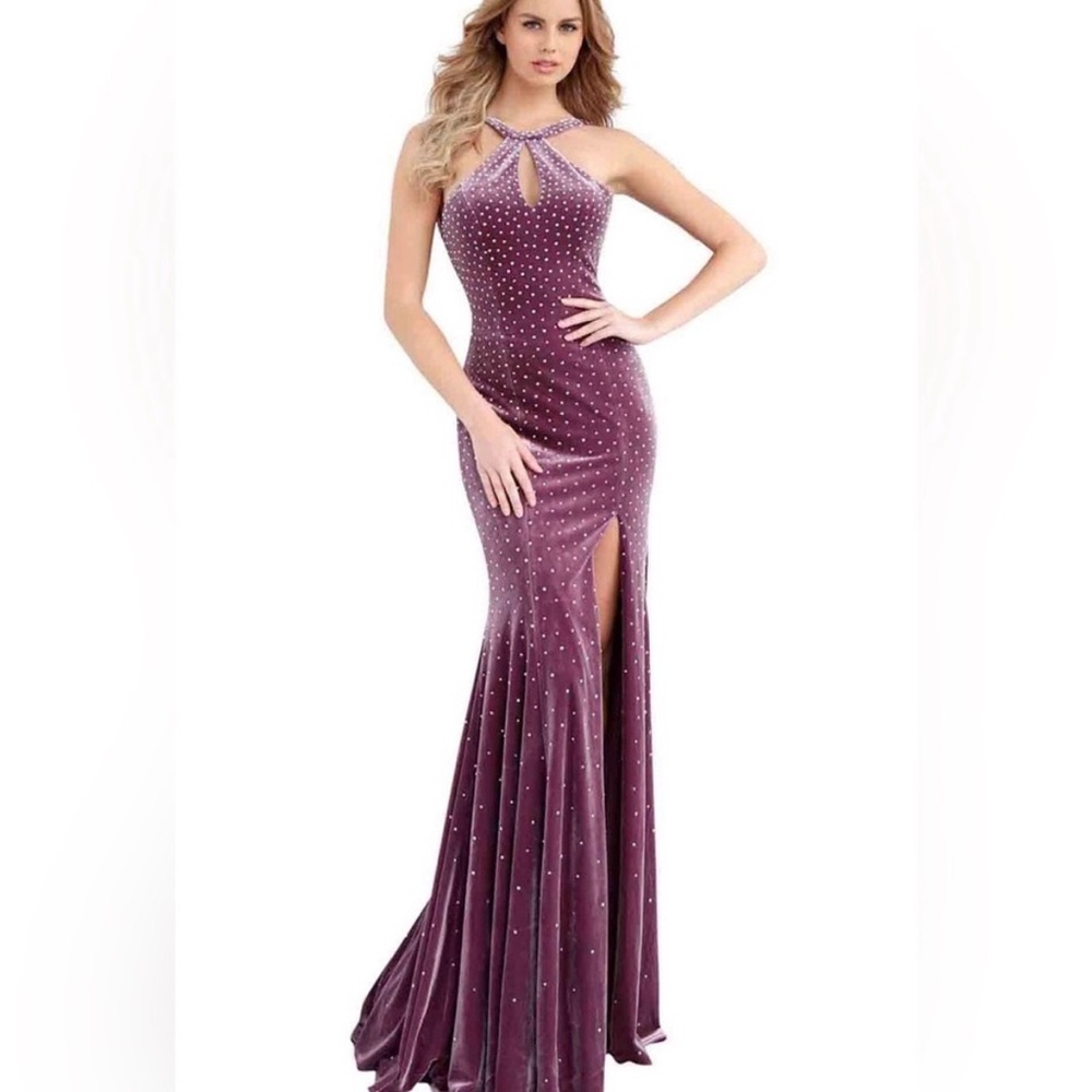 Jovani Halter-neck Backless Mauve Gown with AB Rhinestones